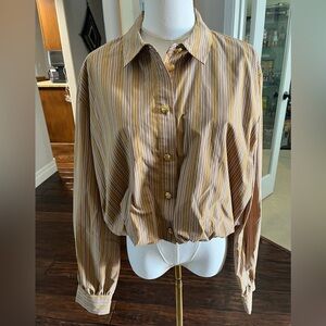 Striped Gold and Brown Button-Front Cropped Women's Blouse, L, GUC